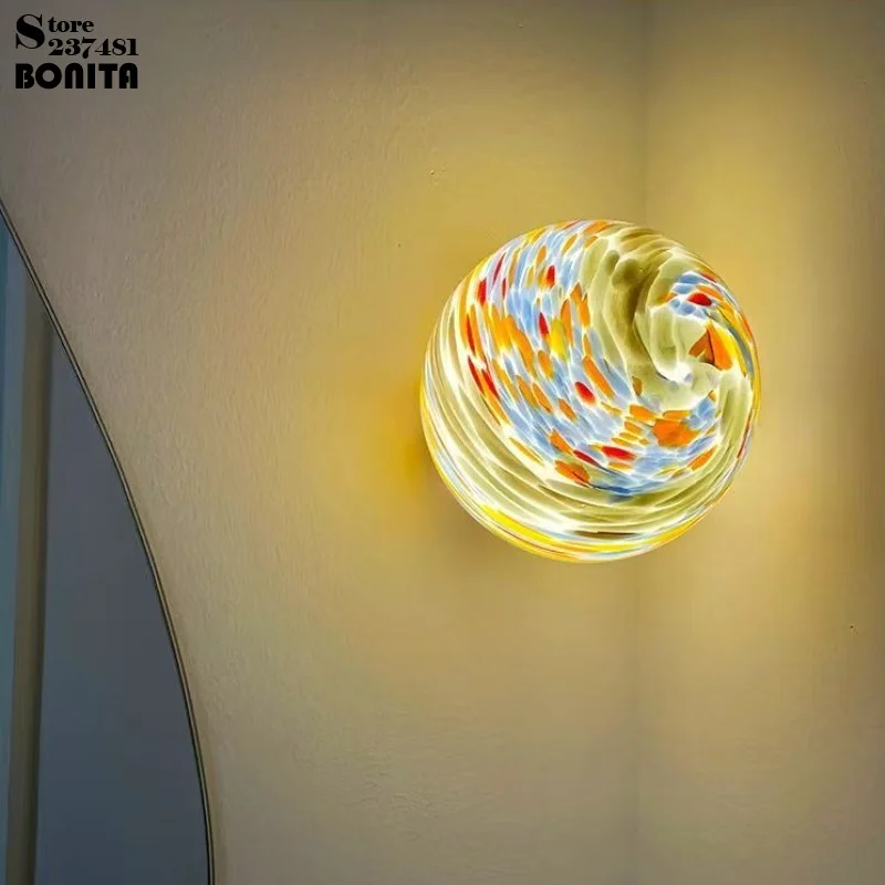Colorful Glass Globe Wall Light Vintage Moon Sconce with Artistic Swirl Pattern for Living Room Corridor Bedside Bathroom Asile