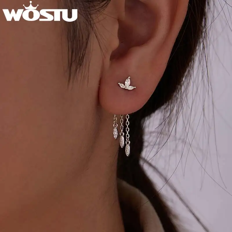 

WOSTU 925, серебряные длинные серьги с кисточками и прозрачным цирконом, гипоаллергенные серьги спереди и сзади, женский подарок на свадьбу