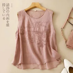 Womens Cotton And Linen Embroidered Vest Sleeveless Top