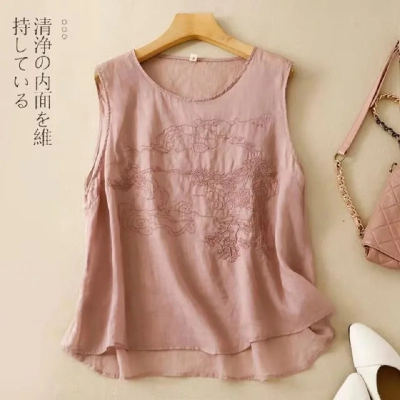 Womens Cotton And Linen Embroidered Vest Sleeveless Top