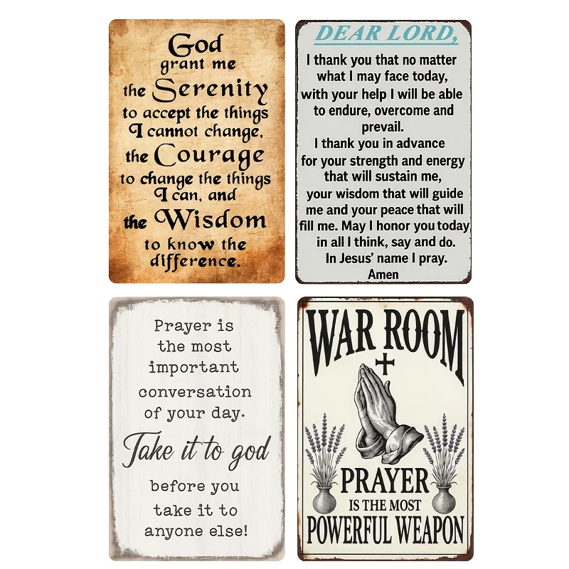 4pcs Inspirational Religious Wall Decor Vintag Tin Signs, Retro Christian Prayer Metal Signs Set For Home Office Bedroom Prayer