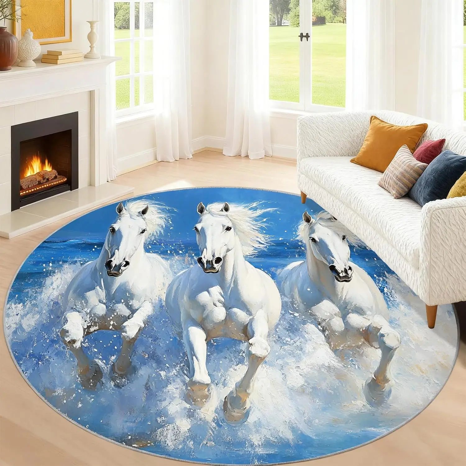 Round Foam Horse Mat Rug for Living Room Hallway Waterproof Pet Carpet Blue Equine Stepping Rug Decorative Floor Mat Washable In