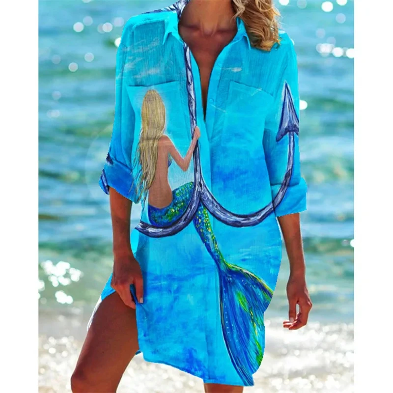 Hawaii Starfish Printed Sea Shirt Dress for Women Ladies Beach Sexy Blouses Outwear Shirt Long Sleeve Maxi Dress Vestidos Mujer