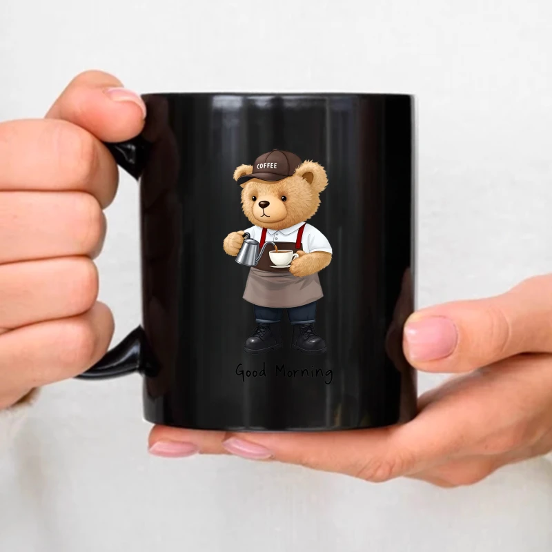 

Ceramic coffee cup, black bear barista holding coffee cup and good morning text, suitable for morning coffee break