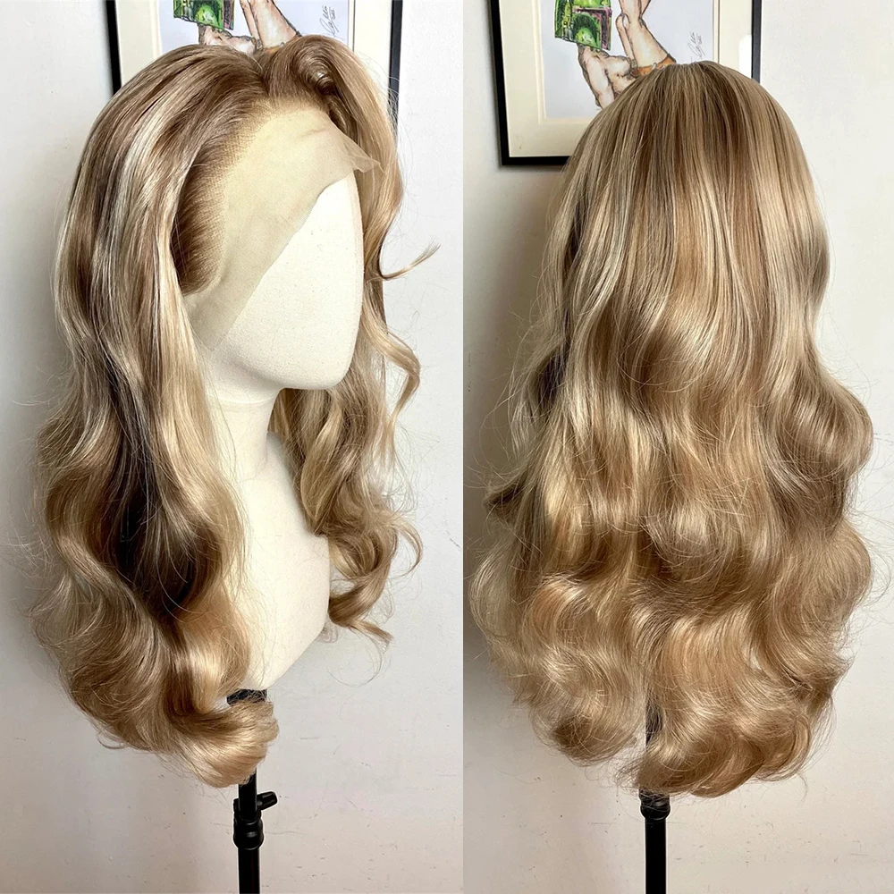 

Карамельный блондинка Балаяж 13x4 Кружевной фронтальный парик Синтетическое высококачественное свободное волнистое термостойкое бесклеевое износостойкое волокно