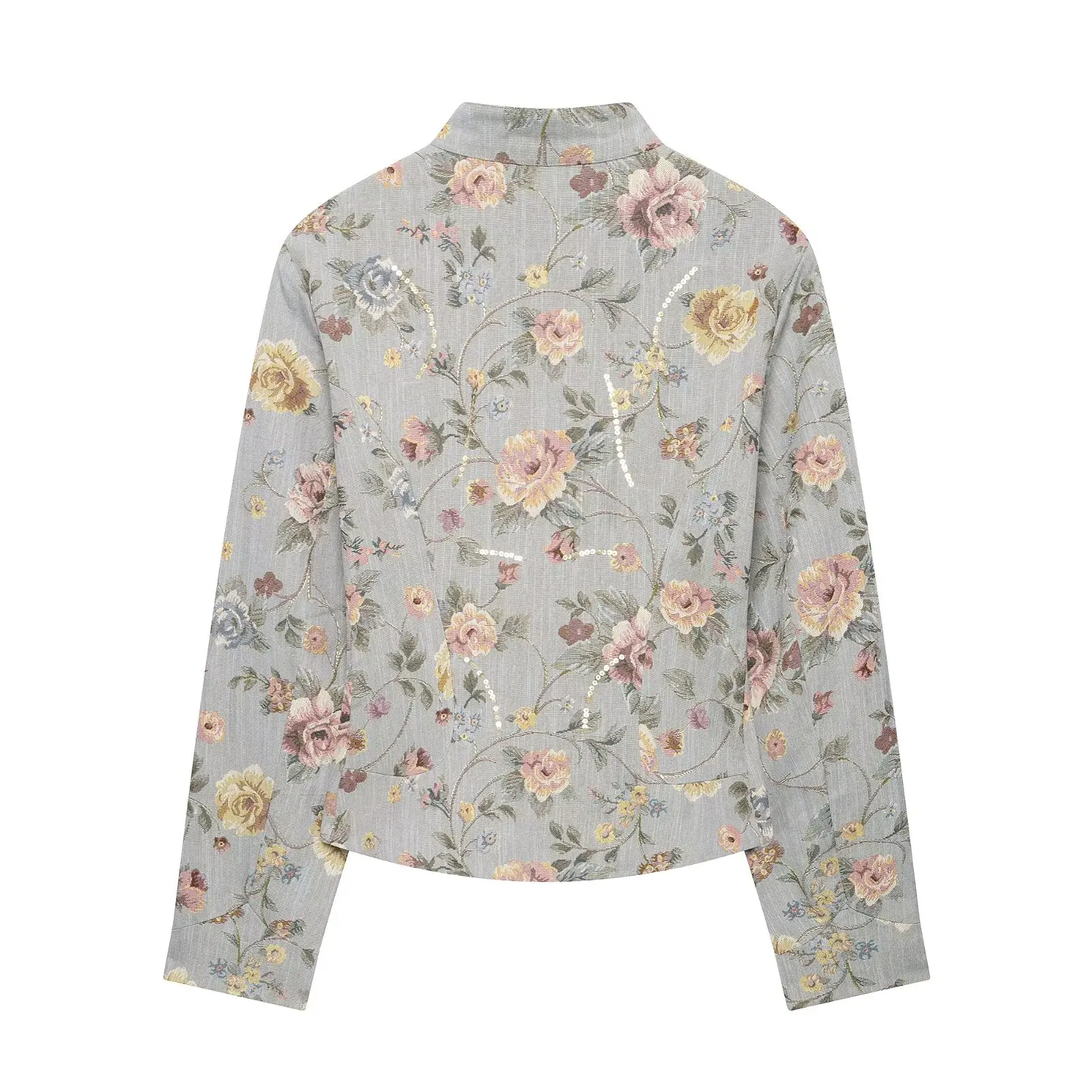 BSAY 2026 Women Fashion Floral Jacquard Cropped Blazer Mandarin Collar Single Breasted Button Vintage Long Sleeve Casual Jacket