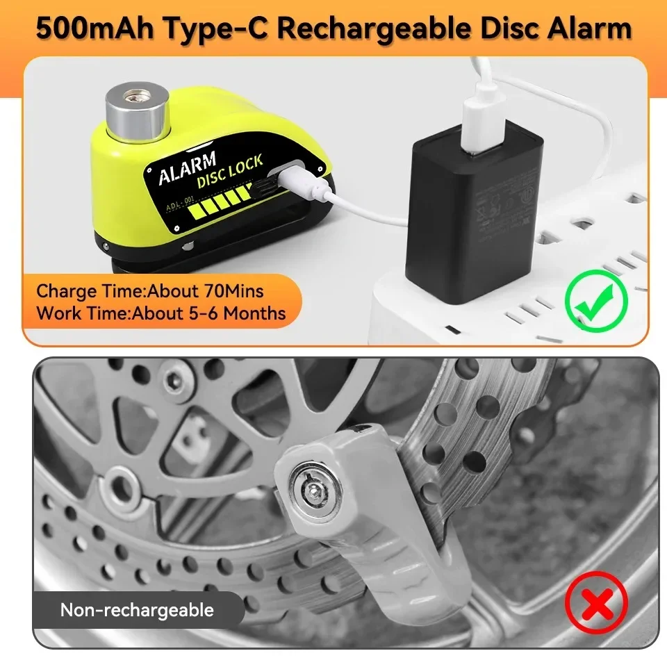 Rockbye Bicycle Disc Lock Rechargeable 120dB Motorcycle Anti-Theft Alarm Lock Waterproof With 1.5/1.8M Cable Bike Alarm System