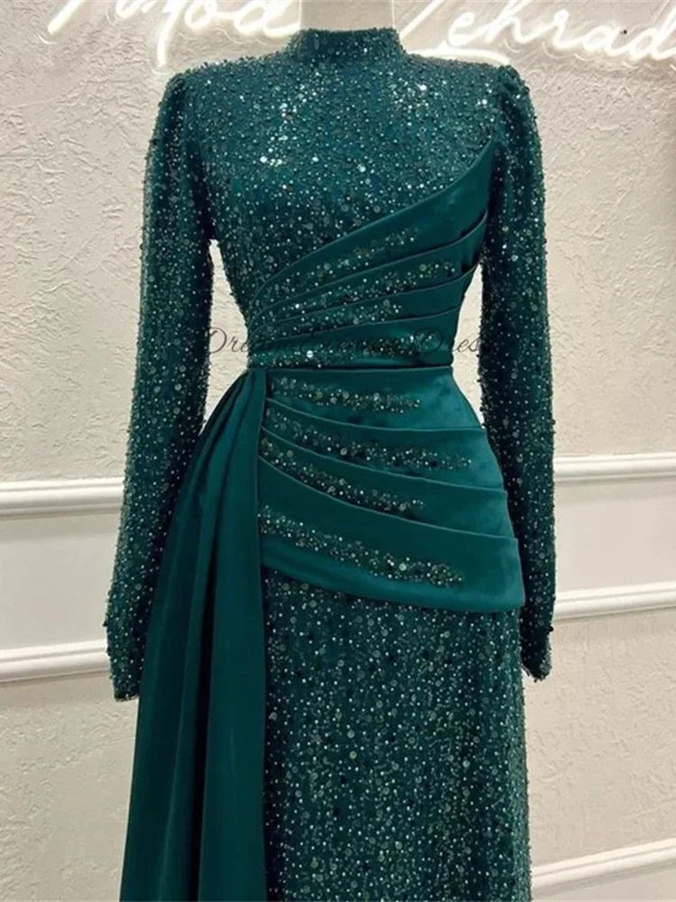 Aangepaste hoge hals glitter zeemeermin galajurken elegante lange mouwen vloerlengte formele avond hoge kwaliteit klassieke retro ex - afbeelding 2