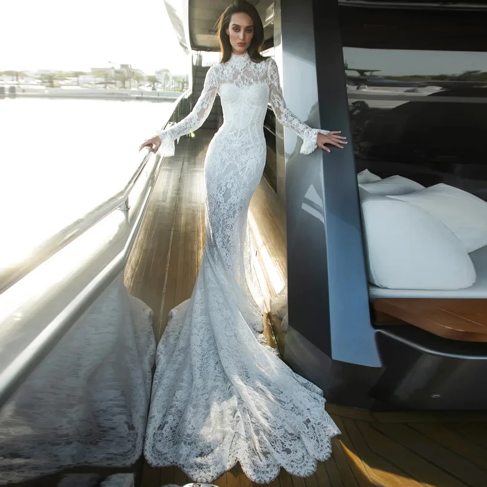 

Dreamy Mermaid Long Sleeves Wedding Dress Charming Customized Appliques Lace Vestido De Novia Classic High Collar Robe de mariée