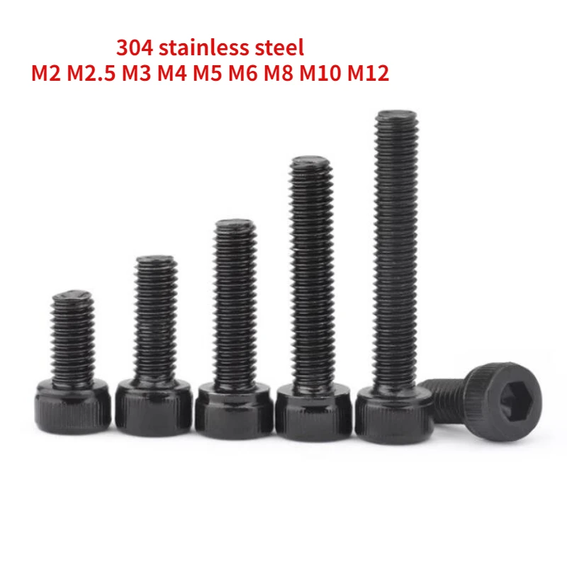 10-200pcs M2 M2.5 M3 M4 M5 M6 M8 M10 M12 Black 304 Stainless Steel Cup Head Hex Screw Cylindrical Head Extended Bolt