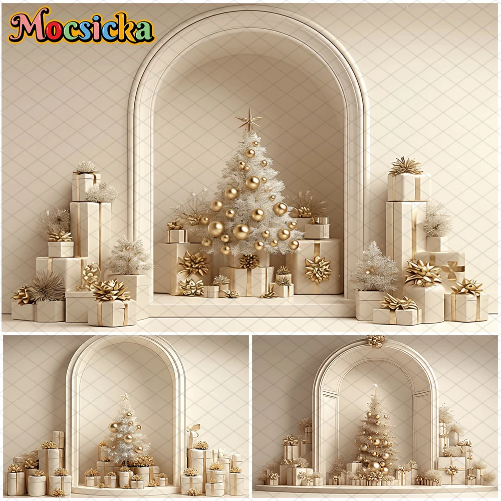 

Mocsicka Christmas Backdrop Photography Gold Gifts Tree Party Kid Photo Background Indoor Home Beige Wallpaper Decoration Banner
