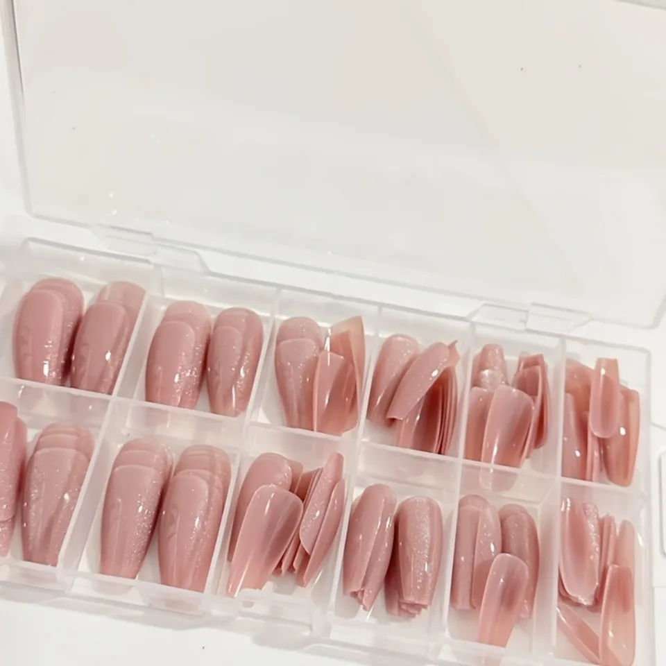 120 uñas postizas nude rosa efecto gato, brillantes, redondas cortas, cobertura completa 2
