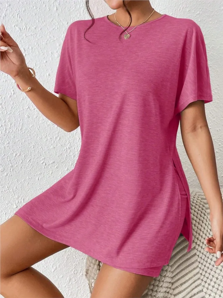 

Summer Solid Homewear 2 Piece Set Womens Outfits Casual High Split O-neck T-shirt Tops Shorts Set 2025 New Streetwear Sport Suit