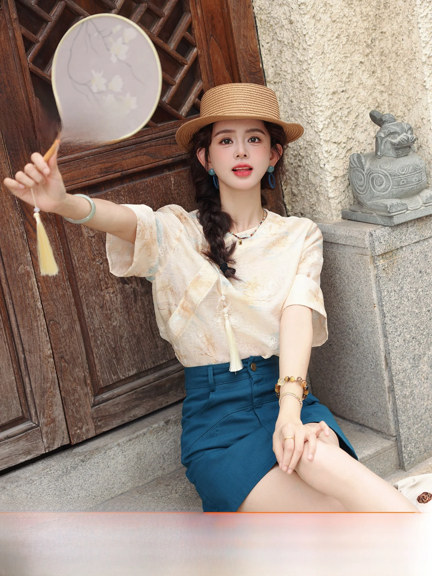 

Chen Jiajie Float Light Silk ort Sve irt Women's Loose Fit Thin New Chinese Sle Top round Ne Button up Polyester B...