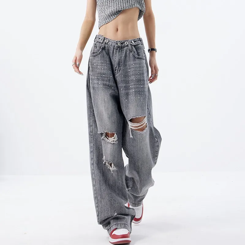 WCFCX STUDIO Y2K Streetwear Baggy Jeans For Women Vintage Chic Ripped Jeans Women Fashion Wide Leg High Waist Jeans Women's