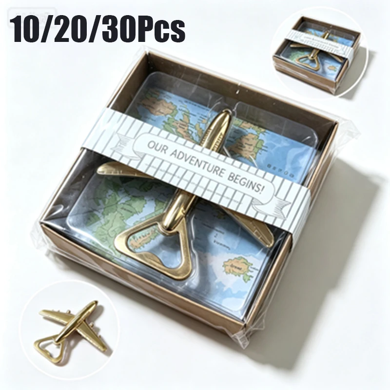 10-30Pcs Vintage Aircraft Shaped Bottle Opener, Gold Plane Beer Opener, Adventure Themed Wedding Guest Gift Box Set
