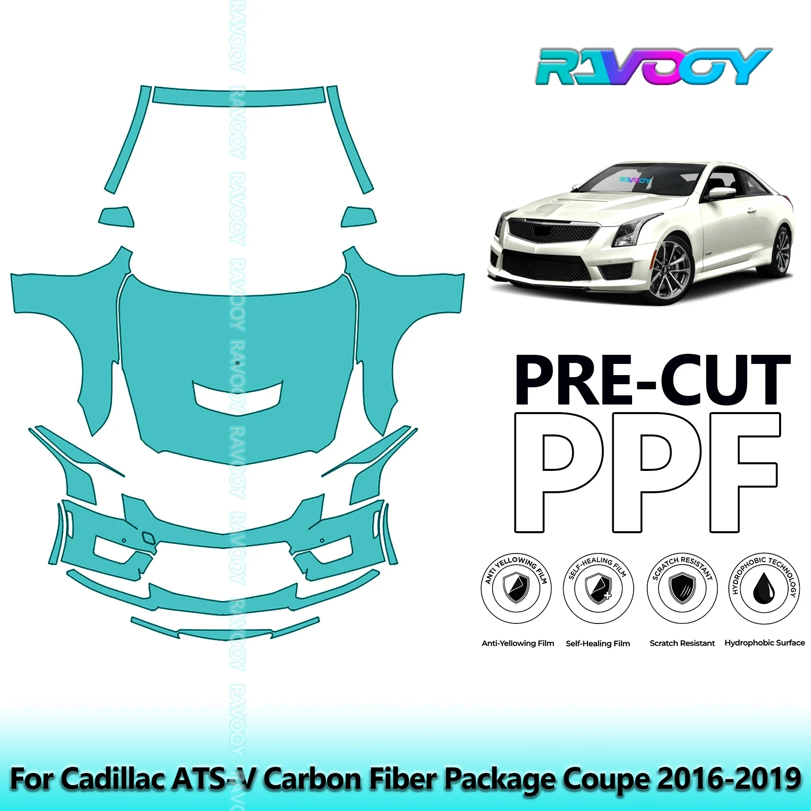 

8.5Mil Precut Paint Protection Film PPF Clear Bra Front Kit+Rockers For Cadillac ATS-V Carbon Fiber Package Coupe 2016-2019