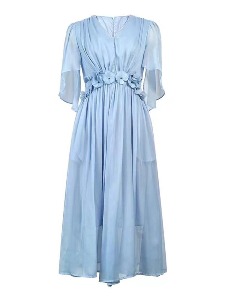 Dameskleding Fee Celebrity Vakantie Jurk Dames Mooie Blauwe Chiffon Bloemen Swing Gewaad Vrouwelijke Vakantie Feest Prom Vestidos