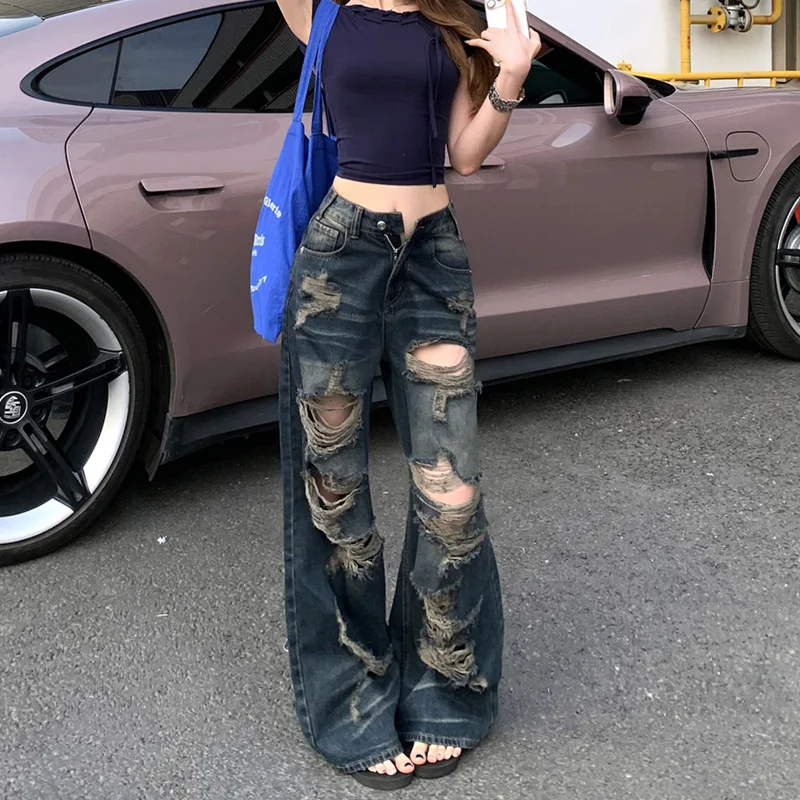 Benuynffy American Retro High Street Washed Ripped Jeans Women's Y2k Bf Style Streetwear Harajuku Loose Straight Wide Leg Pants