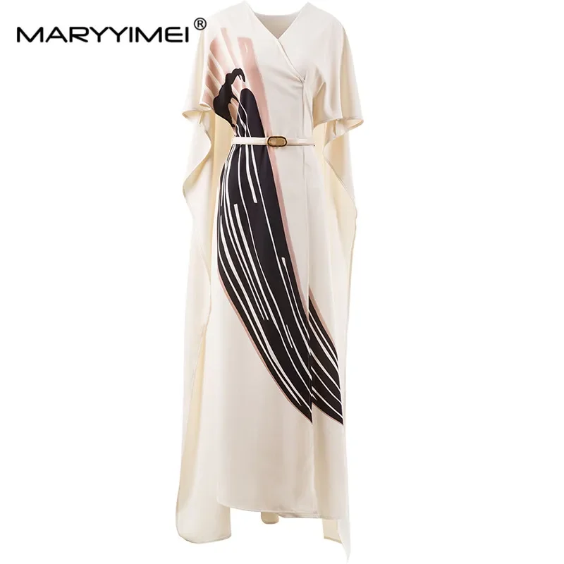

MARYYIMEI Fashion Designer Summer Women's Temperament dress Cloak Sleeves V-Neck Print Genuine Leather Belt Loose Casual Dresses