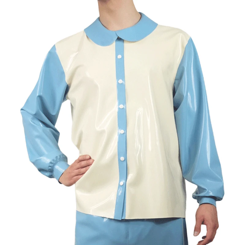 Lake Blue And White Sexy Latex Pajamas Long Sleeves Turn Down Collar Rubber Shirts Blouses Top Clothes YF-0362