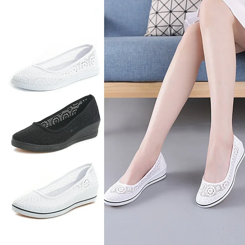 

Wedge Heel Nurse Shoes Women 2024 Spring Summer Comfort Non-slip Casual Shoes Hollow Out Breathable Flats Calzado Mujer Sneaker