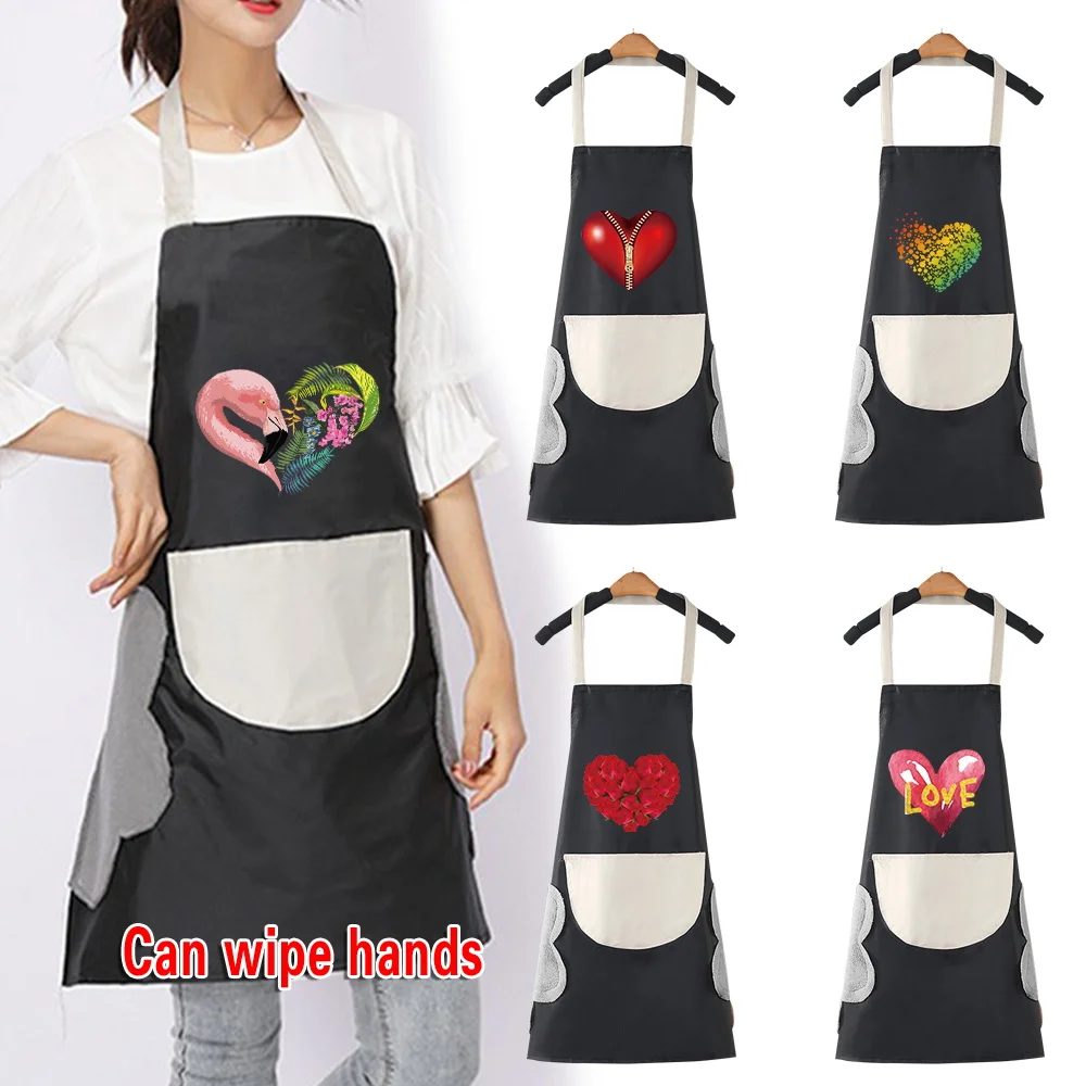 Kitchen Apronng Oil-proof Waterpro Love Pattern for Women/Men with Pockets Work Mandil Cleaning Restaurant Waiter Work Uniform