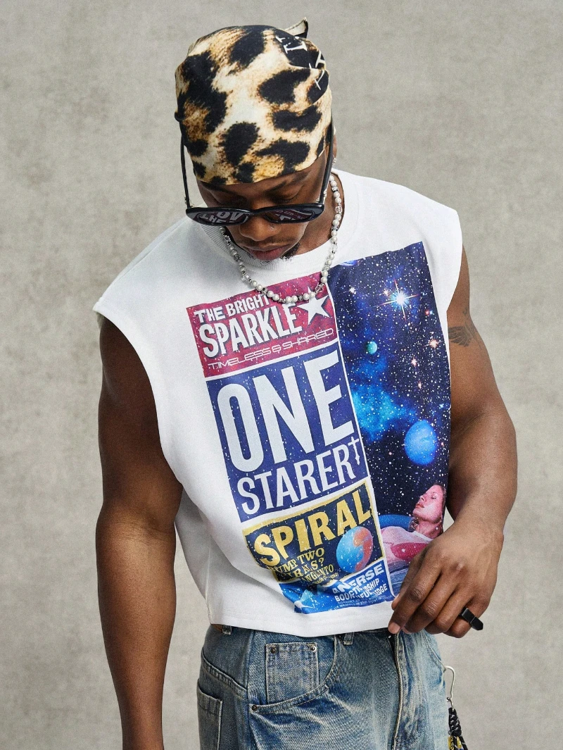 Herren Vintage American Style Loose Cropped Tank Top Space T-Shirt Grafik-T-Shirt Grafik-T-Shirts für Männer Rapper T-Shirt – Detail 5