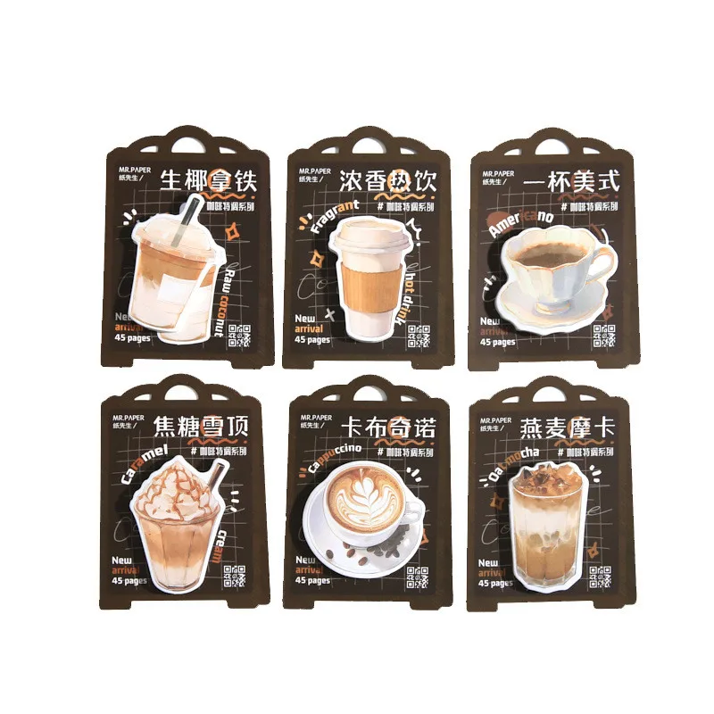 Kawaii Self-Stick Note Pads, Série Café Sticky Notes, Memo Pads para Professor, Presentes Para Estudantes, Material de Escritório Escolar, 45 Pcs