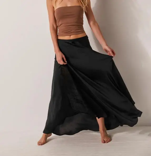 

High End Satin Midi Skirt for Women, Niche Lace Patchwork, Sexy and Elegant Style, Mid Length Skirt with Temperament