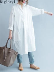 Oversized Korea Fashion Autumn Summer Women Shirt Dress New Ladies Casual Loose Office Shirt Dresses White Cotton Cardigan Dress