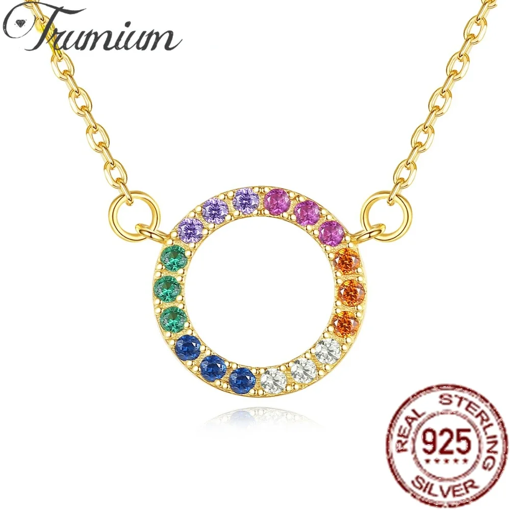 Trumium S925 Necklaces for Women Circle Shape Multi-color Rainbow Cubic Zircon 925 Sterling Silver Fine Jewelry Gift Bijoux