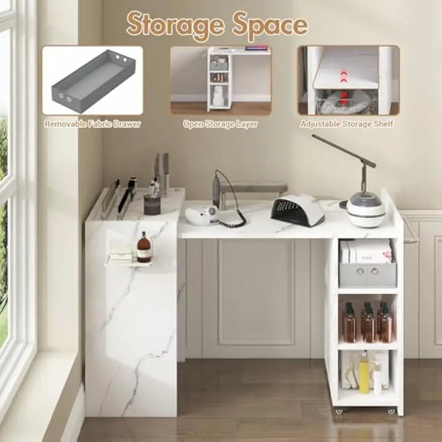 Wall Mount Foldable Manicure Nail Desk Expandable Nail Tech Table Storage Drawer Adjustable Shelf Multipurpose Home Office Beaut