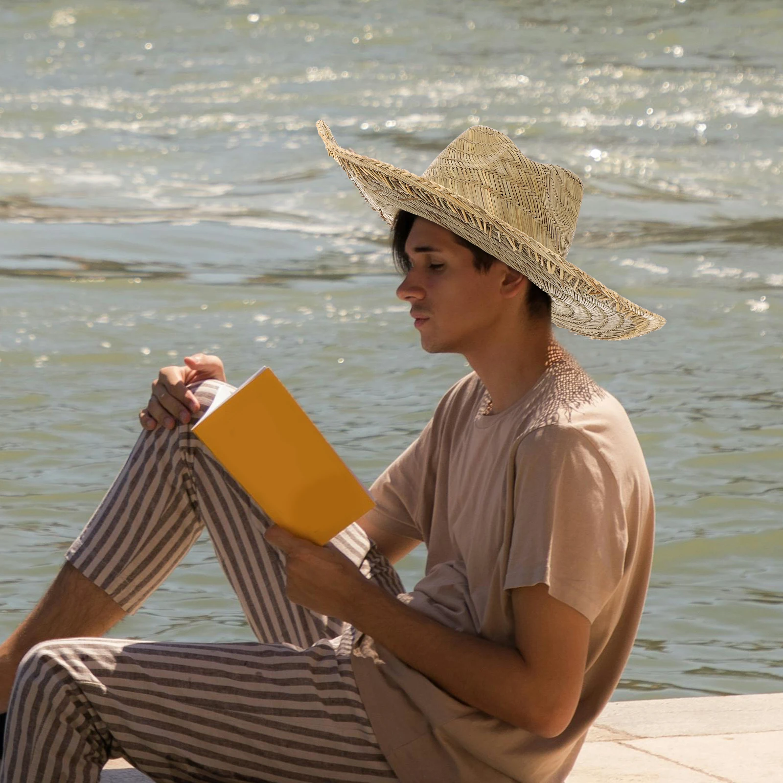

Wide Brim Sun Hat for Men Beach Caps with Ponytail Hole Portable Summer Outdoor Large Straw Hats L 58 60cm