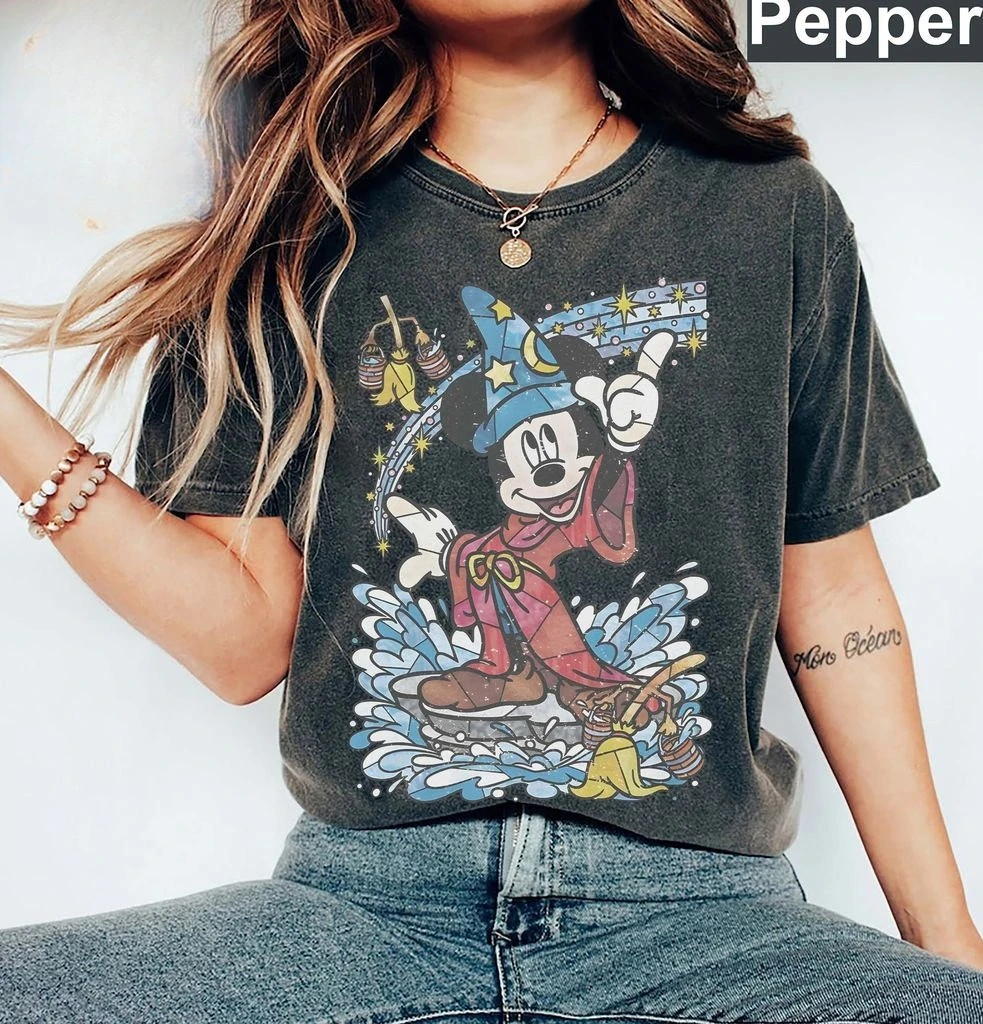 Disney mickey mouse mago mágico camiseta feminina vintage algodão manga curta unisex streetwear oversized solto casual elegante