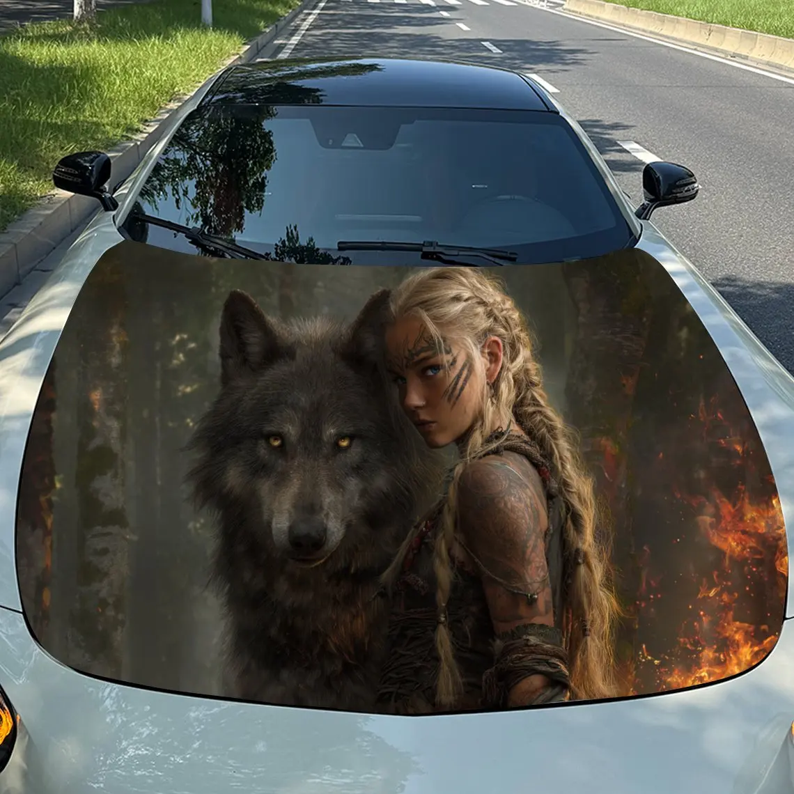 Flame Wild Wolf Princess Hunt Car Vinyl Wrap, PVC Material Waterproof Car Hood Sticker, Self-Adhesive Scratch-Resistant Stickers