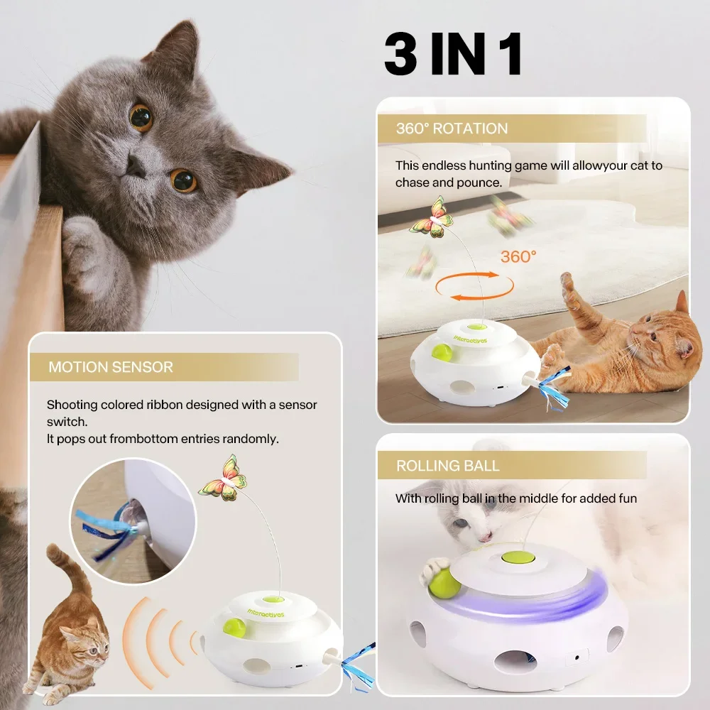 All For Paws 3-In-1 Feline Ultimate Toy For Cat 360 Rotating Butterfly Tunnels Ball Interactive Stimulation Electronic Cat Toys