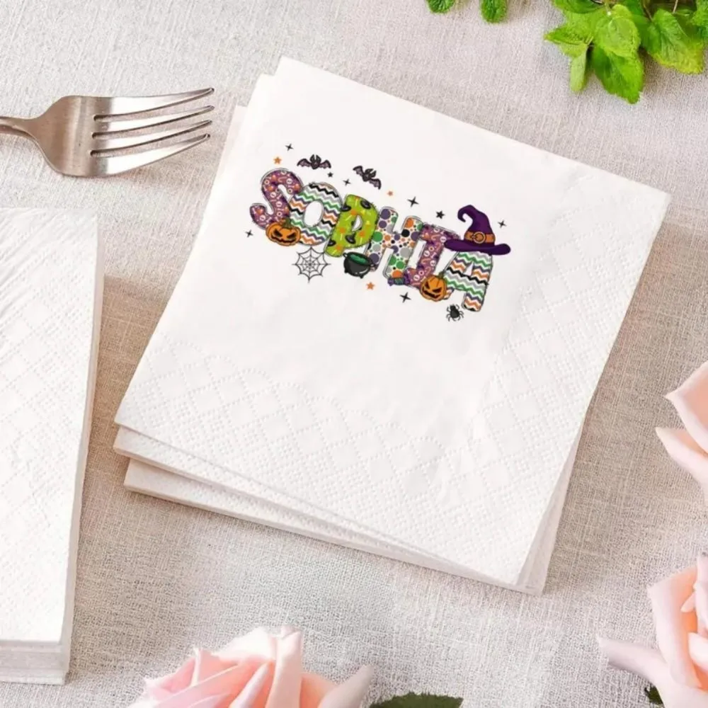 مناديل حفلات الهالوين، منديل اسم مخصص، ديكور الهالوين، احتفال الهالوين، مناديل اليقطين للهالوين، حفلة ساحرة للهالوين