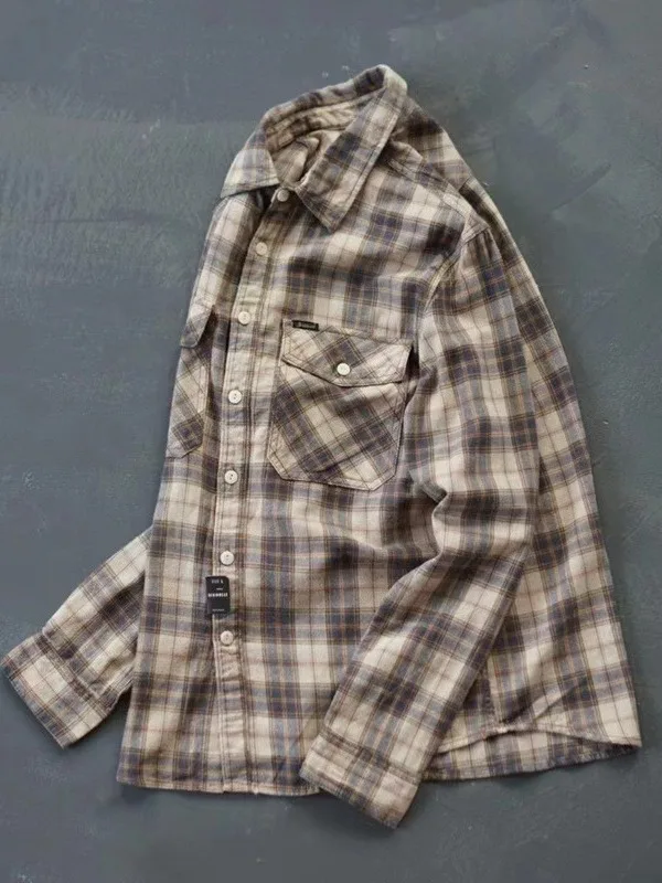 

Мужская рабочая одежда American Sle Casual irt Long Sve в клетку в стиле пэчворк с откидным воротником, свободная посадка на пуговицах, полиэстер...