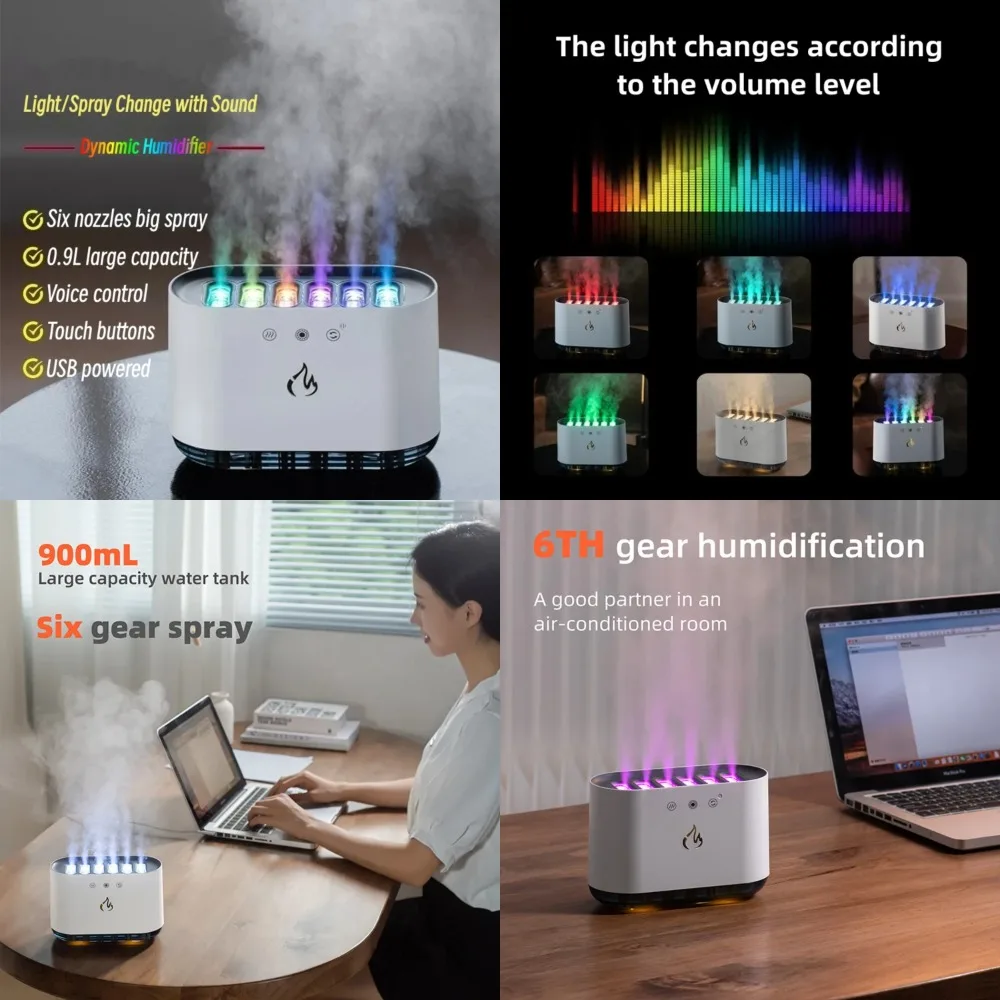 

Dynamic 900ML Ultrasound Flame Air Humidifier with RGB Led Light - Music Diffuser Machine - Mist Maker - High Capacity Home Offi