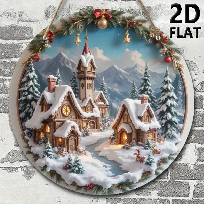 2D Flat, 1pc Round Wooden Christmas Village Scene Wall Decor - Snowy Cottage with Snow-Covered Roof, Pine Trees & Red Berries -