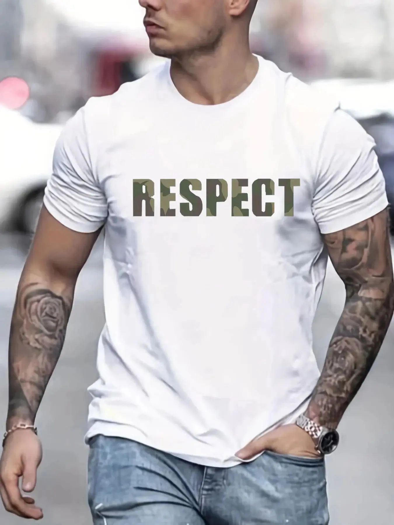 

Men's Summer 100% Cotton Fashionable Casual Loose Plus Size RESPECT Letter Printed Sports Round Neck Short Sleeved T-shirt Top