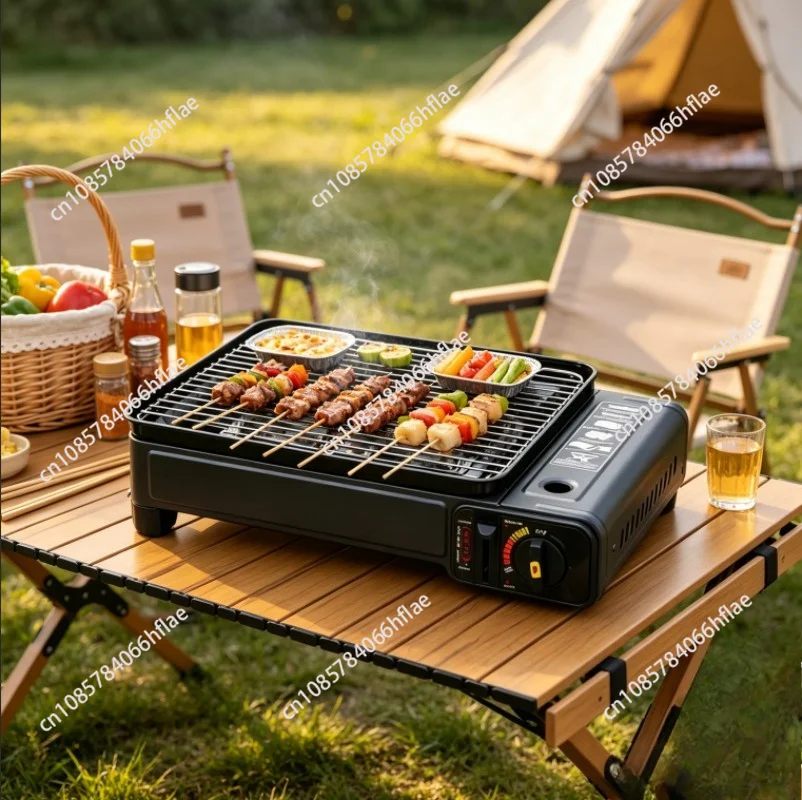 Portable Windproof Gas Cassette BBQ Stove with Roasting Pan for Camping & Home Barbecue