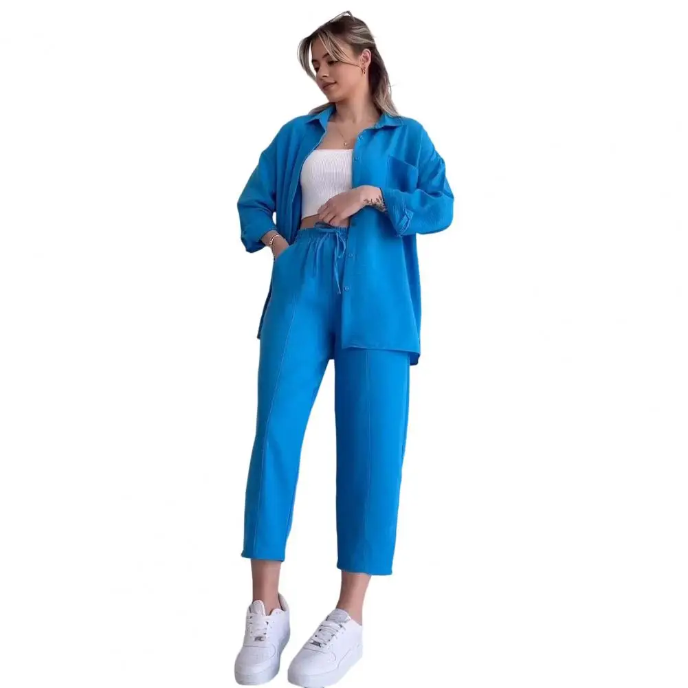 

Women Solid Color Suit Stylish Women's Shirt Pants Set With Lapel Collar Chest Pocket Outfit With Drawstring Waist Pant Sets