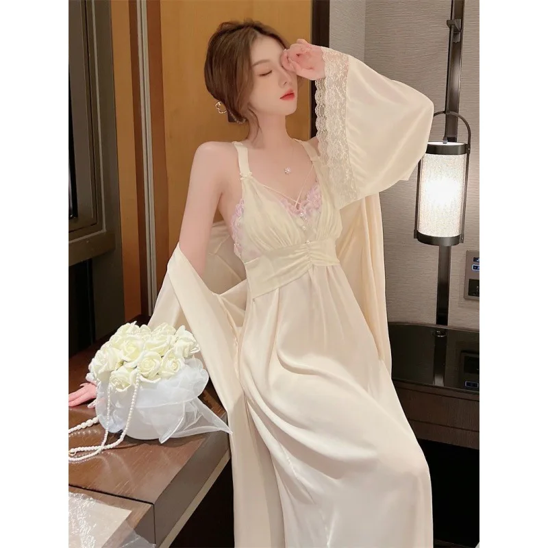 Long Princess Style Home Dress Suit Satin Women Sexy Lace Slip Nightgown Wedding Moring Gown Loungewear Long Kimono Bathrobe