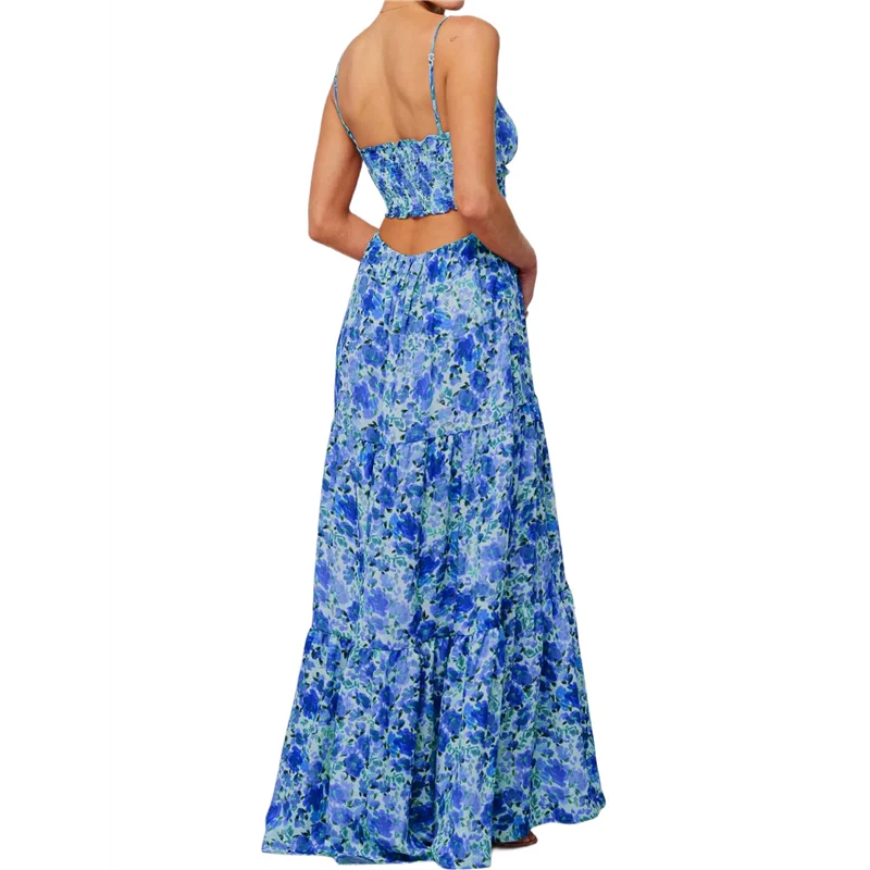 Sukienka maxi damska ABRT - letnia, kwiatowa, na ramiączkach spaghetti, z wycięciami, wiązana z przodu, zwiewna, marszczona, w stylu bohemy.