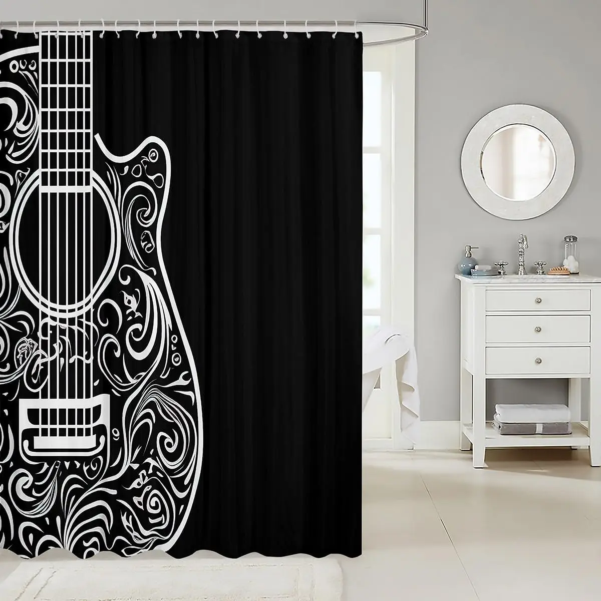 Music Themed Guitar Shower Curtain, Black White Instrument Print, Waterproof Fabric, Stylish Artistic Bathroom Decor with Hooks