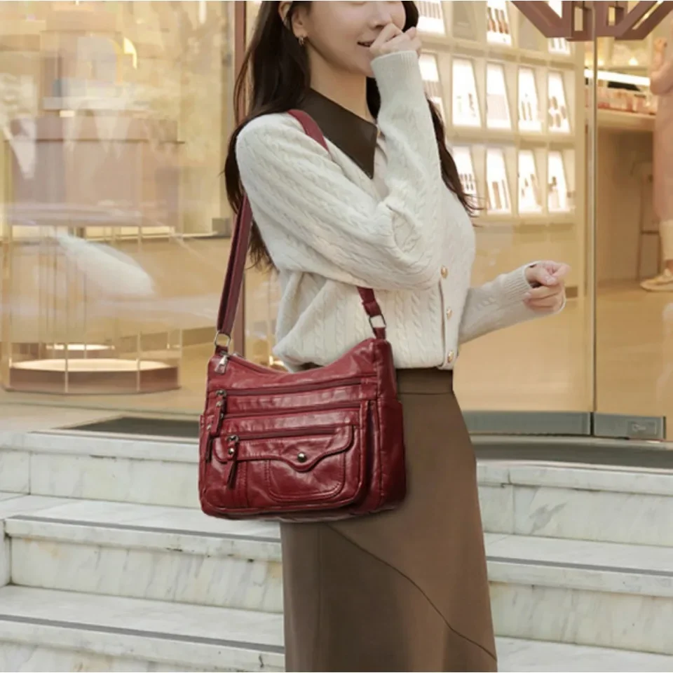 Multi-Layer Pockets Shoulder Bag for Women High Quality Wash Leather Crossbody Bag Luxury Designer Handbags and Purses Retro Sac