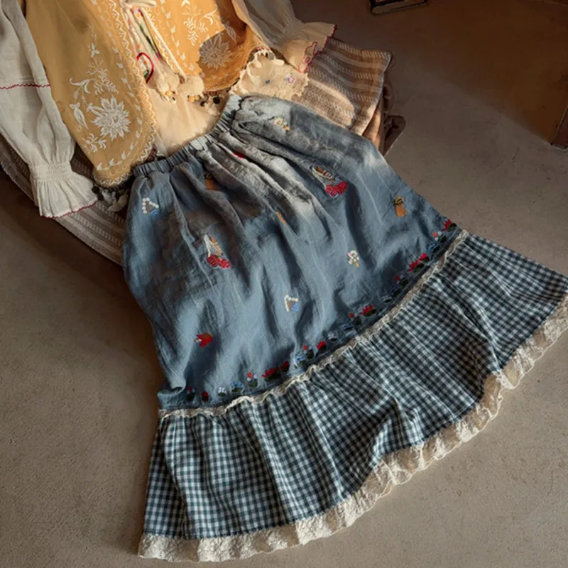 TIYIHAILEY Long Mid-calf Skirts For Women Summer Linen Patchwork Spring Elastic Waist A-line Embroidery 2025 New Blue Skirts