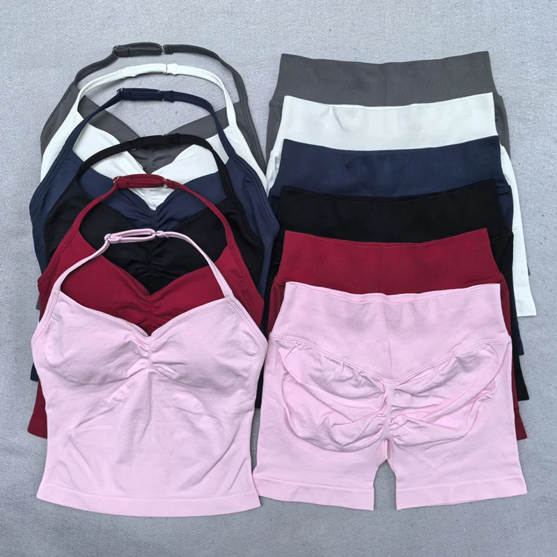 2-teiliges Yoga-Set für Damen, rückenfrei, Neckholder-Tops, hohe Taille, nahtlose Shorts, Fitnessstudio, Anzug, Fitness-Kleidung, Sportbekleidung, Workout-Sets – Detail 4